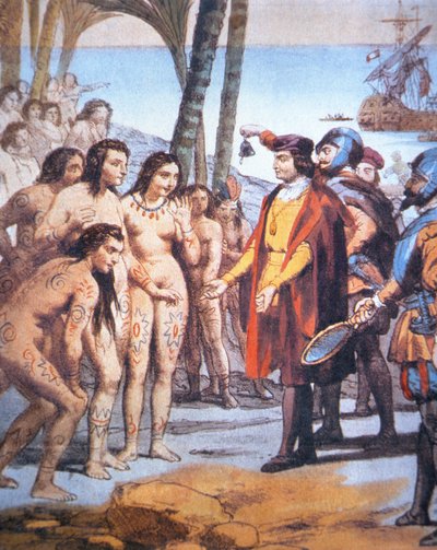 Kolumbusz Kristóf 1492-ben landol az Újvilágban, és Taino indiánok köszöntik (színes litho) alkotó: Unbekannt Unbekannt