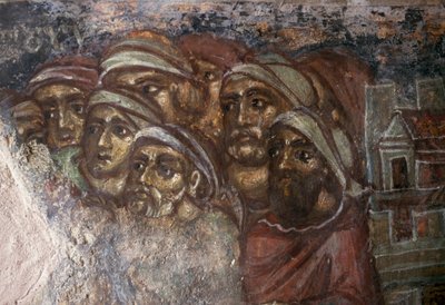 Freskó férfiak csoportjával, Ayios Stephanos bizánci temploma, Drakona, Kréta, Görögország (fotó) alkotó: Unbekannt Unbekannt