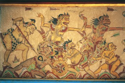 Istenek és démonok harcának jeleneteit ábrázoló freskók, Kertha Gosa pavilon, Klungkung palota (Puri Agung Semarapura), Semarapura, Bali, Indonézia alkotó: Unbekannt Unbekannt