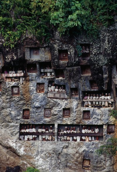 Temetési fülkék Tau Tau halotti figurákkal, Lemo falu, Tana Toraja, Sulawesi sziget, Indonézia. alkotó: Unbekannt Unbekannt