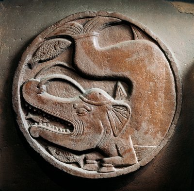 Medallion tengeri állattal egy elefánt-devuing hal fejéből, dombormű a bharhuti sztúpáról, buddhista emlékmű, Madhya Pradesh, India, indiai civilizáció, ie 2. század alkotó: Unbekannt Unbekannt