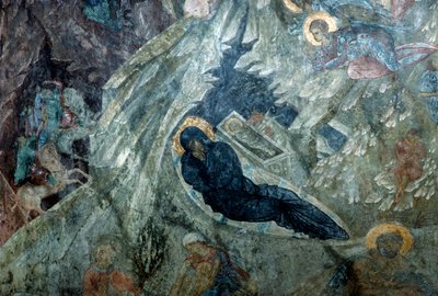 Születés, freskó Panagia Perivleptos kolostorában, Mystras bizánci városában (UNESCO Világörökség Lista) alkotó: Unbekannt Unbekannt