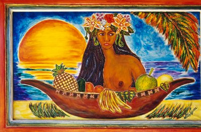 Polinéz nőt ábrázoló festett üveg, Moorea szigete, Society Islands, Francia Polinézia (a Francia Köztársaság tengerentúli területe), részlet alkotó: Unbekannt Unbekannt