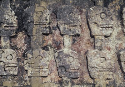 Emberi koponyákat ábrázoló dombormű, a Tzompantli részlete vagy a Koponyák fala, Chichen Itza régészeti lelőhelye (UNESCO Világörökség) alkotó: Unbekannt Unbekannt