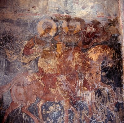Szentek lóháton, freskó a templomban, Komitates, Kréta, Görögország (fotó) alkotó: Unbekannt Unbekannt