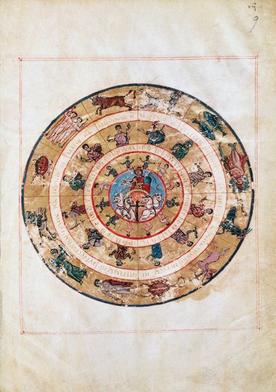 A Napszekér és a Zodiákus jegyei, miniatűr kora középkori kéziratból, Ptolemaiosz csillagászati táblázata (kb. 100-175), hellenisztikus civilizáció alkotó: Unbekannt Unbekannt