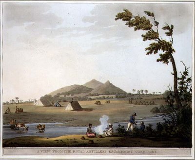 Kilátás a királyi tüzérségi táborból, Conditore, 37. tábla a „Picturesque Scenery in the Kingdom of Mysore”-ból, Harraden, pub metszet. írta: Edward Orme (1774-1820 körül) 1804 (akvatinta) alkotó: Lieutenant James (after) Hunter