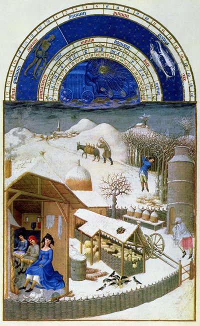 Februári fakszimile: tanyasi jelenet parasztokkal, a „Tres Riches Heures du Duc de Berry”-ből másolva (az eredetit lásd: 8434) alkotó: Limbourg Brothers