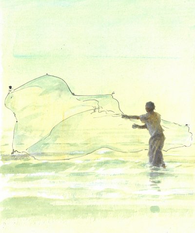 Lone Fisherman 2, 2015 (toll és tinta WC-vel, papíron) alkotó: Lincoln Seligman