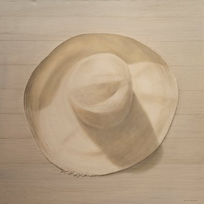 Utazó kalap poros asztalon, 2010 (akril, vászon) alkotó: Lincoln Seligman