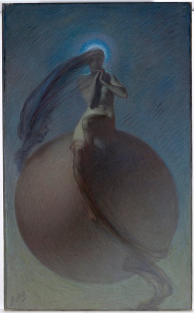 ""La quete"" (A küldetés) Álomszerű ábrázolás, női sziluett egy földgömbön - Lindsay Bernard Hall (1859-1935) festménye 1905 körül - Olaj, vászon Mérete 154x94,5 cm Ausztrál Nemzeti Galéria, Canberra alkotó: Lindsay Bernard Hall
