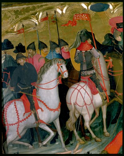 Lovas katonák, részlet a Szűz és Szent György oltárképről, 1390-1400 körül (tempera a táblán) alkotó: Lluís Borrassà