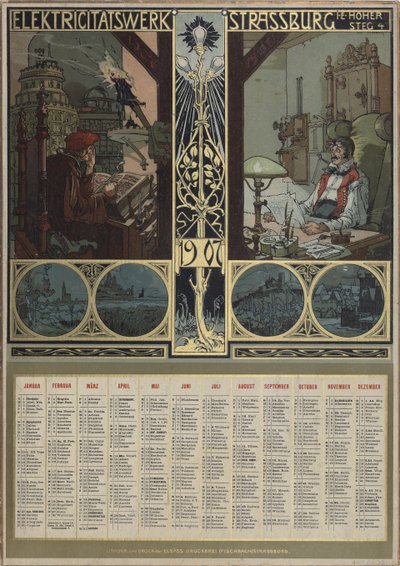 Villamoserőmű Strasbourg. Naptár az 1907-es, 1906-os évre. alkotó: Léo Schnug