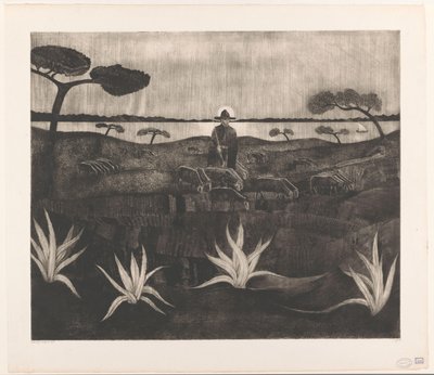 Juhász juhnyájjal dombos tájon Le Troupeau (eredeti cím) alkotó: Lodewijk Schelfhout (signed by artist)