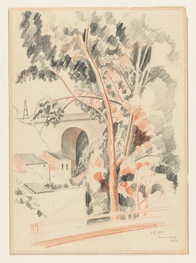 Házak és fák egy viadukt alatt Remouchampsban alkotó: Lodewijk Schelfhout (signed by artist)