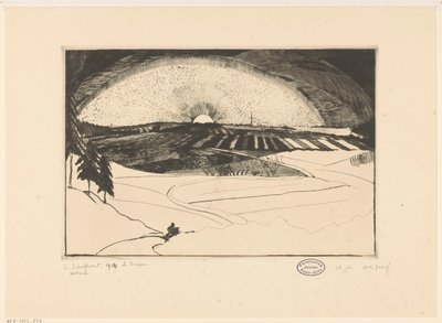 Felkelő vagy lenyugvó nap dombos táj felett La Bruyere (eredeti cím a tárgyon) alkotó: Lodewijk Schelfhout (signed by artist)