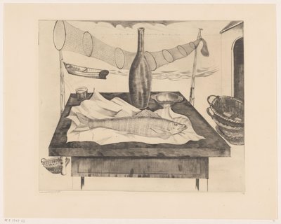 Csendélet hallal, palackkal és halászhálóval Après la pêche (eredeti cím) alkotó: Lodewijk Schelfhout (signed by artist)