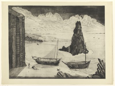 Két kikötött hajó a tengerparton Le Rocher (eredeti cím) alkotó: Lodewijk Schelfhout (signed by artist)