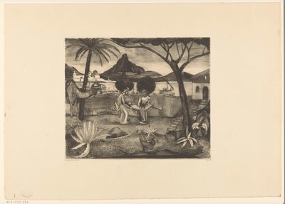 Két férfi egy férfit cipel a kertben alkotó: Lodewijk Schelfhout (signed by artist)