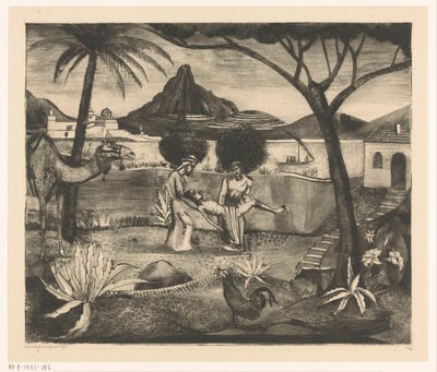 Két férfi egy férfit cipel a kertben alkotó: Lodewijk Schelfhout (signed by artist)