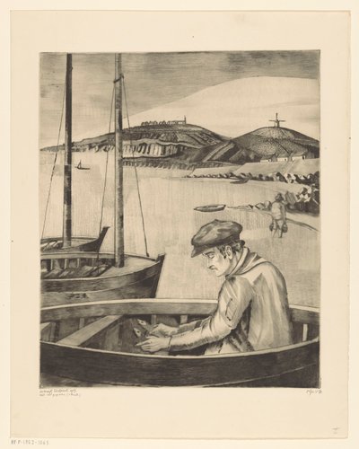 Halász egy kikötött hajón Le Pecheur (eredeti cím) alkotó: Lodewijk Schelfhout (signed by artist)