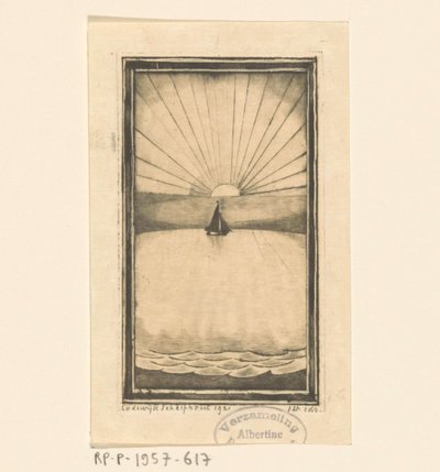 Vitorlás hajó a tengeren kelő vagy lenyugvó napkor alkotó: Lodewijk Schelfhout (signed by artist)