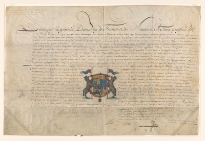 Oklevél, amellyel XIV. Lajos Cornelis Lampsinst Tobago bárójává és a Szent Michel rend lovagjává emelte alkotó: Lodewijk XIV (koning van Frankrijk) (signed by artist)