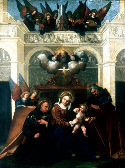 "Szent család Tolentinoi Szent Miklóssal", 1515-1530 alkotó: Lodovico Mazzolini