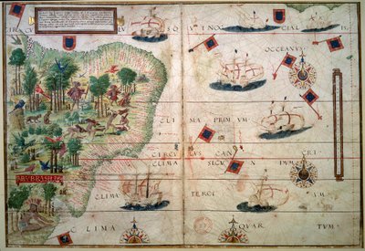 Brazília vízrajzi térképe – Loppo Homem térképész „” portugál tengeri atlasza” kézirattal, 1519 Párizs. B.N. - Brazília vízrajzi térképe - Loppo Homem „” angol tengeri atlasza”” megvilágított kéziratából (16. század) alkotó: Lopo Homem