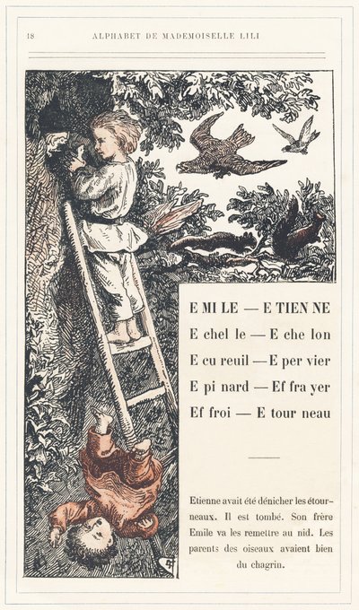Emile, Etienne, Echelle, Echelon, Mókus, Veréb, Epinard, Scarer, Farry, Stourneau, 18. oldal - Ábécé Lili kisasszony, L. Froelich és egy apuka (maga Hetzel) által. Bibliotheque  Magasin d