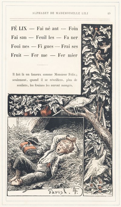 Felix, Lay, Széna, Fácán, Levél, Faner, Menyét, Füge, Eper, Gyümölcs, Farm, Gazda, 19. oldal - Ábécé Lili kisasszony, L. Froelich és egy apa (maga Hetzel) által. Bibliotheque  Magasin d
