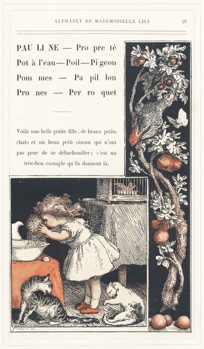 Pauline, Tiszta, Vizesedény, Haj, Galamb, Alma, Pillangó, Szilva, Papagáj, 29. oldal - Ábécé Lili kisasszony, L. Froelich és egy apuka (maga Hetzel). Bibliotheque  Magasin d