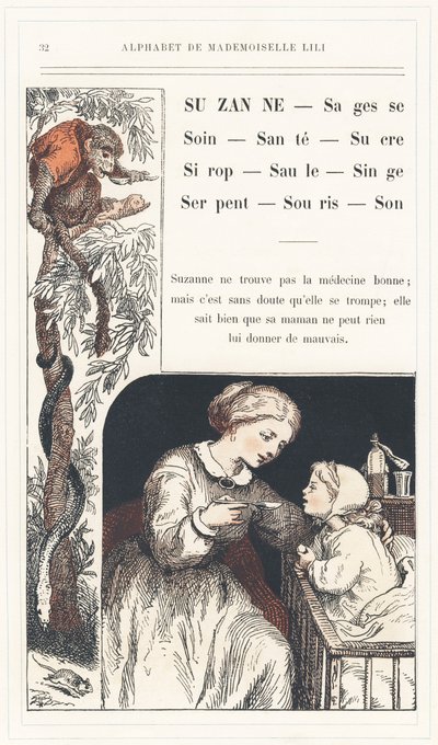 Suzanne, Bölcsesség, Gondoskodás, Egészség, Cukor, Szirup, Fűzfa, Majom, Kígyó, Egér, Hang, 32. oldal - Ábécé Lili kisasszonytól, L. Froelichtől és egy apukától (maga Hetzel). Bibliotheque  Magasin d
