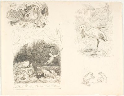 Négy illusztrációvázlat: Skrubtoadsen, H.C. Andersen új kalandjai és történetei alkotó: Lorenz Frølich