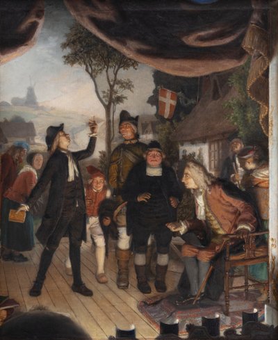 Ludvig Holberg részt vesz Erasmus Montanus című darabjának próbáján, IV. felvonás, 2. jelenet alkotó: Lorenz Frølich