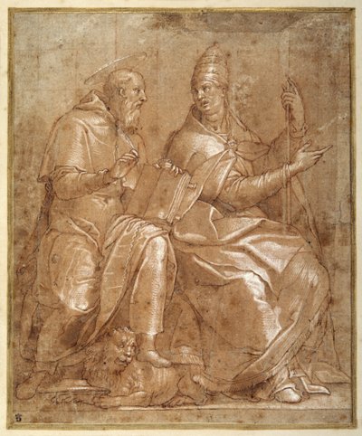 Szent Jeromos Nagy Szent Gergellyel beszélget (toll és barna tinta vörösesbarna mosással és kiemeléssel) alkotó: Lorenzo (c.1530 76) Sabatini