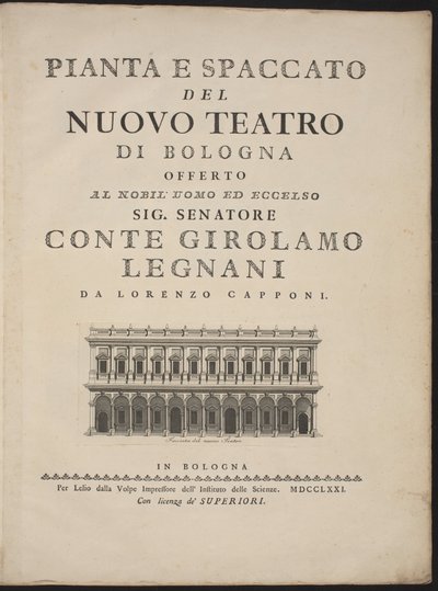 Az új bolognai színház terve és keresztmetszete alkotó: Lorenzo Capponi, after Antonio Galli Bibiena