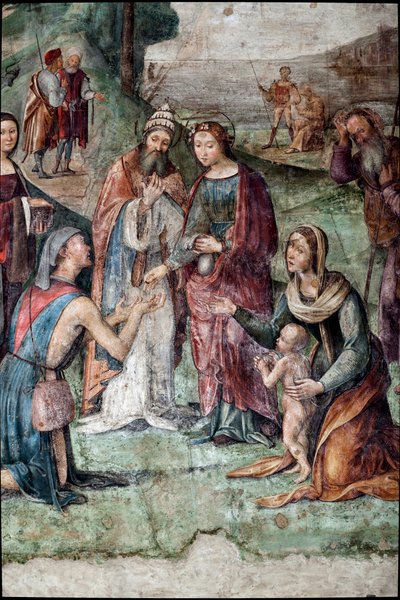 Szent Cecília a szegényeknek adja a tulajdonát, részletek (freskó alkotó: Lorenzo Costa