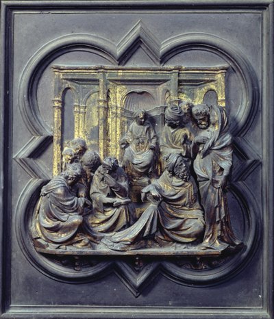 Krisztus az orvosok között, a San Giovanni Keresztelőkápolna északi ajtóinak negyedik panelje, 1403-24 (bronz) alkotó: Lorenzo Ghiberti