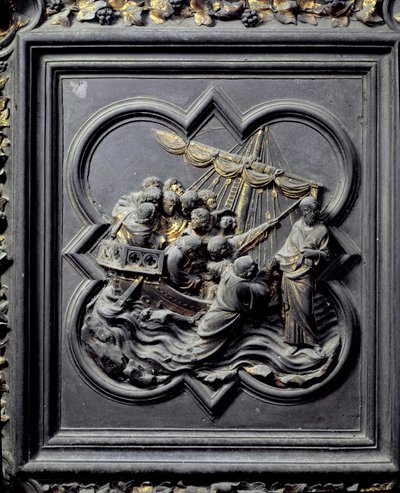 Jézus a vízen jár és megmenti Pétert, a San Giovanni Keresztelőkápolna északi ajtóinak nyolcadik táblája, 1403-24 (bronz) alkotó: Lorenzo Ghiberti