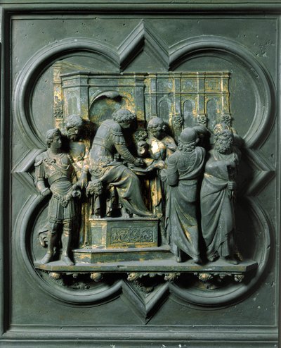 Északi kapu (északon keresztkapunak nevezik), külső részlet: „Krisztus Poncius Pilátussal (Pontius Pilatius) szembenéz” Lorenzo Ghiberti (1378-1455) bronzszobra alkotó: Lorenzo Ghiberti
