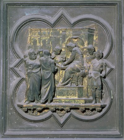 Poncius Pilátus kezet mos Krisztus előtt, a San Giovanni Keresztelőkápolna északi ajtóinak tizenhatodik panelje, 1403-24 (bronz) alkotó: Lorenzo Ghiberti