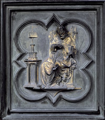 Szent Ágoston, a San Giovanni Keresztelőkápolna északi ajtóinak H-táblája, 1403-24 (bronz) alkotó: Lorenzo Ghiberti