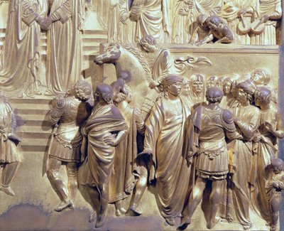 Salamon király és Sába királynője találkozása, részlet a kísérőkről, a Keresztelőkápolna keleti ajtaja eredeti táblájáról, 1425-52 aranyozott bronz utórestaurálás alkotó: Lorenzo Ghiberti