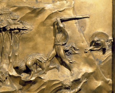 Káin és Ábel története, Ábel megölésének részlete, eredeti tábla a Keresztelőkápolna keleti ajtóiról, 1425-52 aranyozott bronz utánpótlás alkotó: Lorenzo Ghiberti