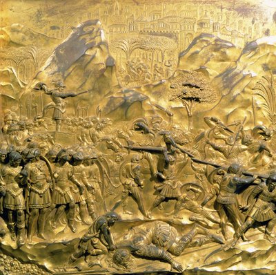 Dávid és Góliát története, eredeti tábla a Keresztelőkápolna keleti ajtóiról, 1425-52 (aranyozott bronz) (restaurálás után) alkotó: Lorenzo Ghiberti
