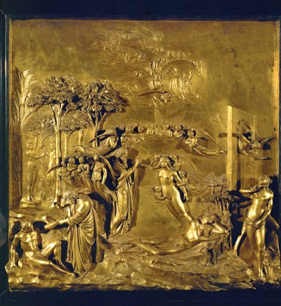 Ádám teremtése, Éva teremtése Ádám bordájából, kiűzetés a Paradicsomból (bronz). alkotó: Lorenzo Ghiberti
