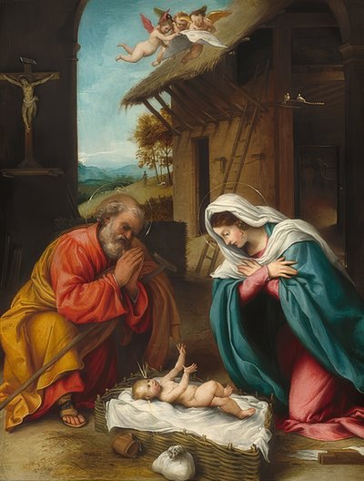 Krisztus születése. 1523 alkotó: Lorenzo Lotto