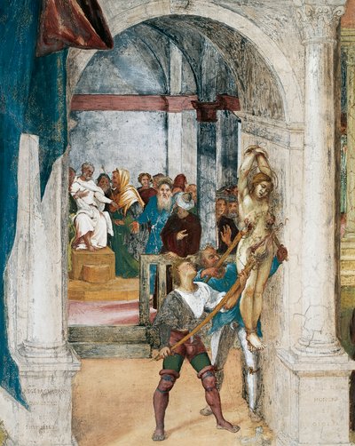 Szent Borbála mártíromsága, részlet a Christ-Vine-ből és Lorenzo Lotto Szent Borbála legendája (kb. 1480-1556), freskó, részlet, Villa Suardi, Capella Suardi, Trescore Balneario alkotó: Lorenzo Lotto