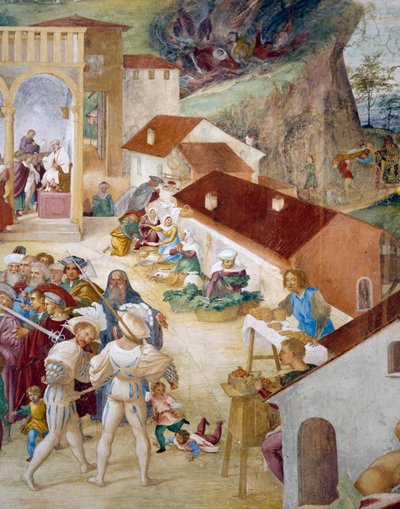 Katonák, egyszerű emberek és piac, részlet a Szent Borbála történeteiből alkotó: Lorenzo Lotto